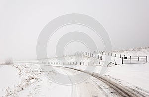 A snowy Dutch landscape with a curved road