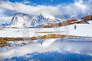 snowy early winter landscape in Alpe di Siusi. Dolomites  Italy - winter holidays destination