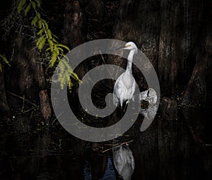 Snowy Egret In a Cypress Swamp and Plastic Trash