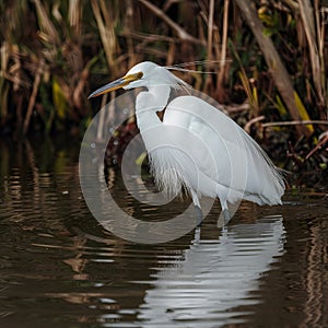 Snowy egret in the water, birdwatching photography, wildlife habitat