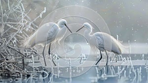 Snowy egrets on icy pond,rococo style