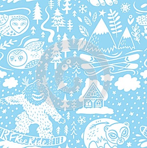 Snowy endless background of ski resort with chalet, mountains and forest animals. Vector illustration