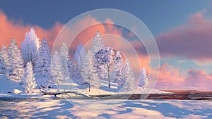 Snowy fir forest and frozen river at sunset