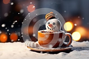 Snowy fireside charm, Cup of hot drink adorned with a snowman toy