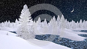 Snowy firs and frozen river at snowfall night