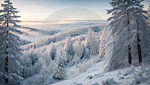 Snowy Firs in Mountainous Winter Scenery. AI generated photo