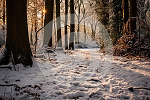 snowy footprints on a forest pathway