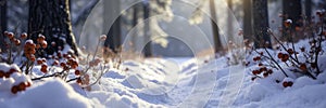 Snowy forest floor with Kalyna branches and red berries, kalyna, nature