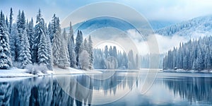 Snowy Forest with Misty Mountains photo