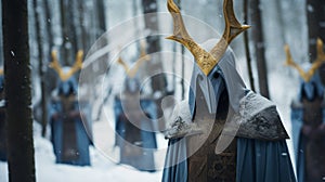 Snowy Forest Monks: A Cinematic Still Of Horned People In Dark Cyan And Gold