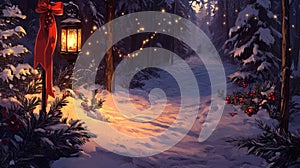 A Snowy Forest Path Illuminated by a Lantern and Christmas Lights