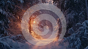 A Snowy Forest Path Illuminated by a Single Lantern