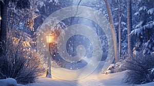 Snowy Forest Path Illuminated by a Single Lantern
