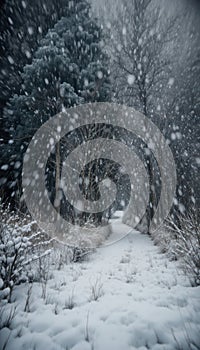 Snowy Forest Path During Winter Snowfall