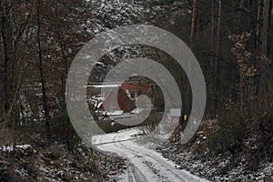 Snowy forest road leading downhill into a small village