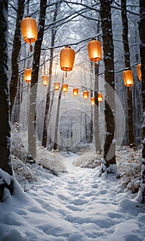 A Snowy Forest Scene Featuring A Path Lined With Lanterns Casting A Warm Glo. Generative AI