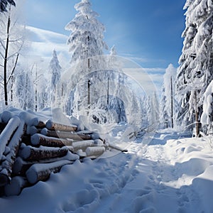 Snowy forest scene Logs and trees covered in snow