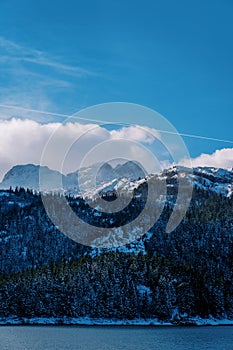 Snowy forest on the shore of Black Lake at the foot of the misty mountains. Durmitor National Park, Montenegro