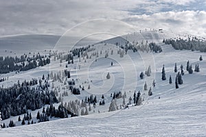 snowy forest with snowlift slope, people skiing