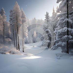 A snowy forest with tall pine trees coated in white, the ground blanketed in untouched snow2