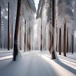 A snowy forest with tall pine trees coated in white, the ground blanketed in untouched snow4