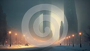 Snowy Futuristic Metropolis, Skyscrapers and Road Emerging from the Mist, Generative AI