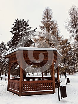 A snowy gazebo in a park in Otwock - Poland - POLSKA