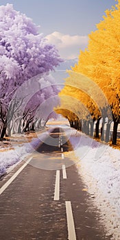 Colorized Winter Landscape: A Grandiose Road With Snow-covered Trees