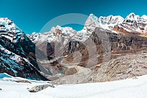 Snowy Glacier and Mountains Panorama Valley and Lakes in Himalaya