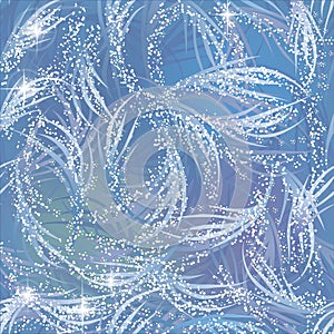 Snowy, gleaming, shining frozen pattern on blue window