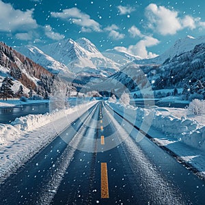 Snowy highway adventure Road trippers documenting their winter travel diaries