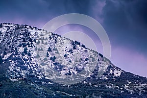 Snowy hill and cloudy weather, landscape