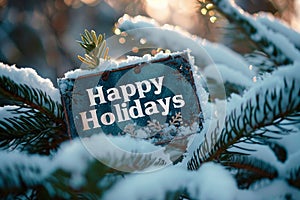 Snowy Holiday Sign Reading "Happy Holidays" on Evergreen Tree Branch. Generative AI photo