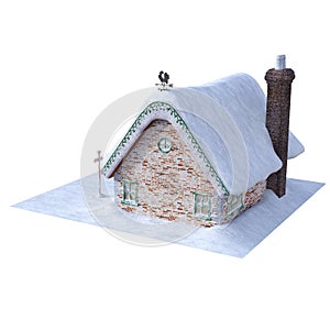 Snowy house for fairytale winter landscape. 3d Rendering-Illustration for Building Scene as Ovrlay, Clipart, Object.