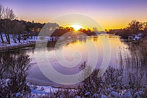 Snowy and ice winter landscape at national park Amsterdamse Waterleidingduinen