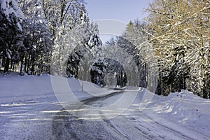 A snowy and icy road in the Vosges mountains France