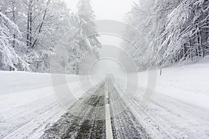 Snowy and icy road in foggy weather photo