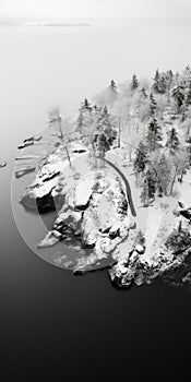 Snowy Island: A Black And White Nature-inspired Aerial Composition