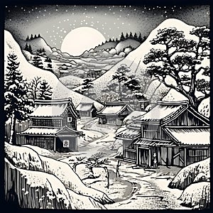 A snowy Japanese village on a moonlit snowy night surrounded by snow-capped mountains and trees in Japanese woodblock style