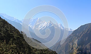 Snowy Kusum Kanguru mountain peaks in Himalayas