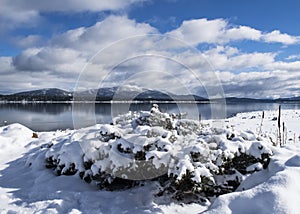 Snowy lake landscape with cloudy blue sky