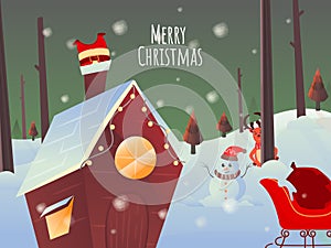 Snowy Landscape Background with Santa Claus Stuck on Chimney House, Sleigh, Cartoon Snowman and Reindeer for Merry