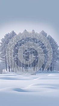 Snowy landscape Biei towns snow covered plain with minimal pine trees