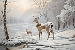 winter wildlife landscape with noble deers