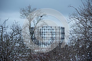 Snowy landscape of the gasometer in Schoneberg Berlin Germany