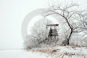 Snowy landscape with a hunting hide