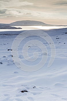 Snowy Landscape with Lake in Distance