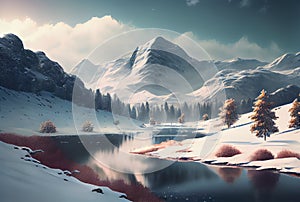 Snowy landscape with lake and pine tree mountain scene background. Nature and rural scene concept. Digital art illustration.