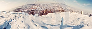 Snowy landscape with Nitra city, Slovakia, red filter