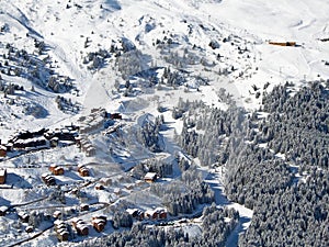 Snowy landscape with ski chalets, Meribel